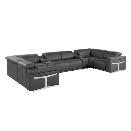 Homeroots Dark Gray Italian Leather Power Reclining U Shaped Eight Piece Corner Sectional With Console 634674