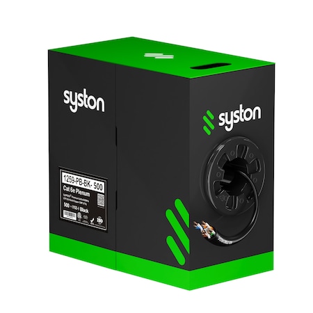 Syston Cable Technology Cat 6e Ethernet Data Cable Bulk, 500ft Black, 600MHz 23AWG Solid Copper, CMP Plenum-Rated for PoE BULK1259-500BK