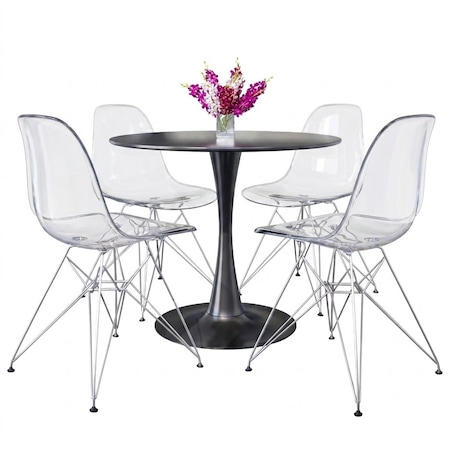 Leisuremod Bristol 5-Piece Modern Dining Set: Round MDF Table & 4 Eiffel Plastic Chairs with Chrome Legs, 5PK BTBL-35BL-CR19CL4