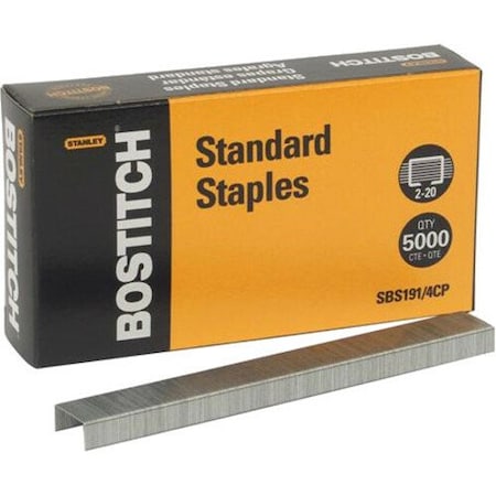 Bostitch Stanley Bostitch Standard Staples, 20 Sheet Capacity, 1/4" Leg Length, 210 Per Strip, 5000/Box SBS1914CP