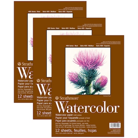 Strathmore 400 Series Watercolor Pad, Top Wire Binding, 12 Sheet, 9x12 inch, 3PK P440-1-03