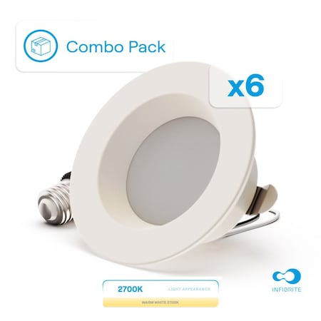 Infibrite 4 In. 2700K Soft White LED Retrofit Recessed Light 9W 750LM, Dimmable, Wet Rated, 6PK IB-005-2-9W-WH-6PK