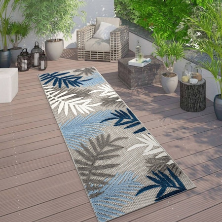 World Rug Gallery Palm Frond Indoor/Outdoor Runner Rug 2 ft 7 in x 12 ft Blue 5550BLUE27X12