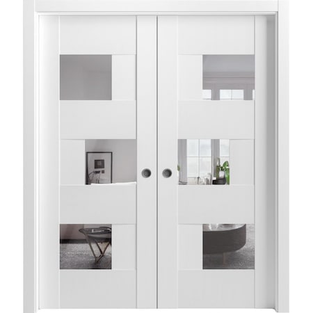 Vdomdoors Sliding French Double Pocket Doors 60x96 inches Opaque Glass Sete 6999 White Silk with Mirror Kit SETE6999DP-WS-6096