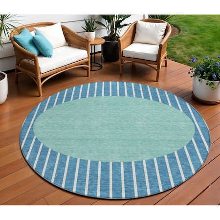 Homeroots 8' Teal Blue And Aqua Round Striped Washable Indoor Outdoor Area Rug 597201