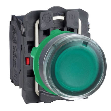 Schneider Electric Illuminated push button, Harmony XB5, plastic, flush, green, 22mm, plain lens for BA9s bulb, spring return, 220 to 240V AC, 1 NO + 1 NC XB5AW3345