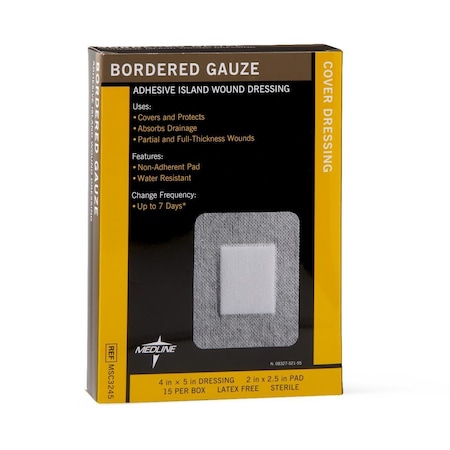 Medline Sterile Bordered Gauze Adhesive Island Wound Dressing, 4in x 5in with 2in x 2.5in Pad, 15PK MSC3245Z