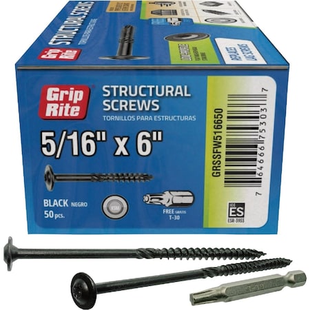 Grip-Rite PrimeGuard Plus 5/16''x6'' Flat Washer Head Structure Screw, 50-Count GRSSFW516650