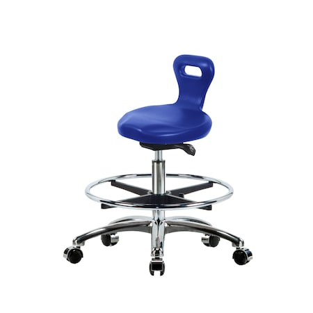 Blue Ridge Ergonomics Poly Serpent Sit-Stand Stool Chr-Medium Bench Ht with Chr Foot Ring&Chr Casters in Blue Poly PSPMBSO-CR-CF-CC-BLU