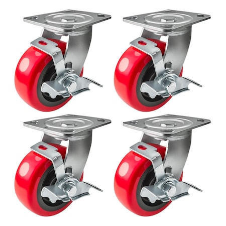 Hyw Products Heavy Duty Caster Set 5in Polyurethane on Plastic Wheels, 4 Swivel with Brake, 4PK 40-50S-A1-PU-TB-4