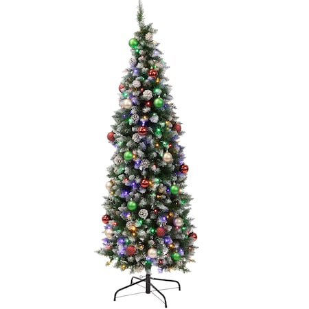 Elf Stor 6ft Prelit Christmas Tree Flocked Artificial Spruce Pencil Christmas Tree w/ 250 LED Lights & Stand 50-300-6FLK