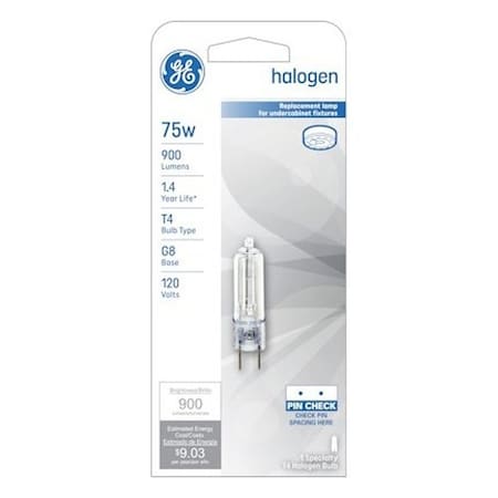 Ge Halogen Bulb, 75 W, G8 Bi-Pin Lamp Base, T4 Lamp, Bright White Light, 900 Lumens, 2850 K Color Temp 97666