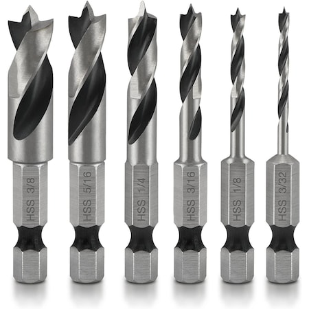 Neiko 6 Piece Brad Point Drill Bit Set, 1/4'' Quick Change Hex Shank 11401A