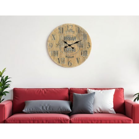 Homeroots 24" Natural Distressed Solid Wood Silent Analog Round Wall Clock 554636