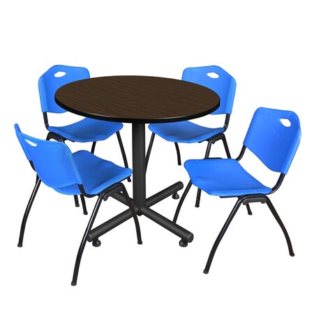 Regency Round Kobe Breakroom Table W/ 4 M Stack Chairs, 36 in W, 36 in L, Neo Walnut TKB36RNDNW47BE