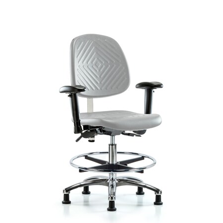 Blue Ridge Ergonomics CL100CleanRoom Chair-Med Bench Ht with Med Back, Seat Tilt, Adj Arms, Chr FR, &Stat Glides in Gray Poly NCR-PMBCH-MB-CR-T1-A1-CF-RG-GRY