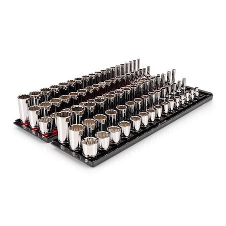 Tekton 3/8in Dr. Shallow, Semi-Deep, and Deep 12pt Socket Set w/Rails and Trays, 102pc (1/4-1in, 6-24 mm) SHD91223