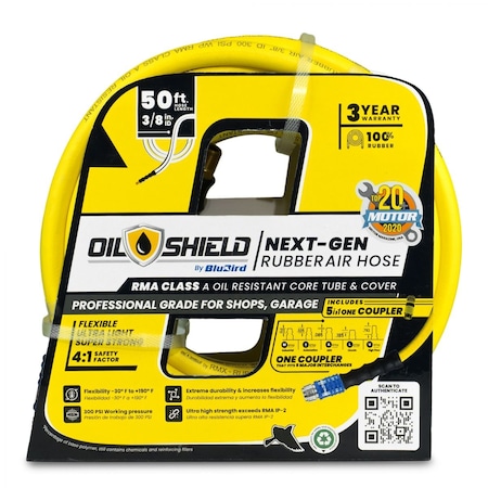 Oilshield Rubber Air Hose with 5-in-1 Safety Coupler - Heavy Duty, Flexible & Garage-Ready OS3850-5CP