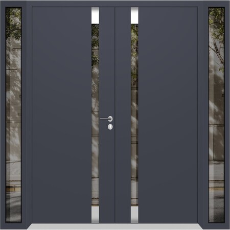 Vdomdoors Aluminum Double Doors Cynex 6777 Grey 2 Sidelights Mirrored Clear Glass Modern Painted 100x80 (W14+ CYNEX6777DEXD-GRE-W14+72+14xH80-RH-I
