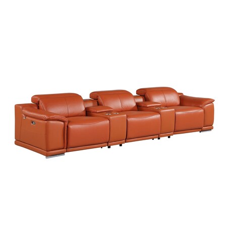 Homeroots 134" Camel Italian Leather Reclining Metal USB Sofa 720294