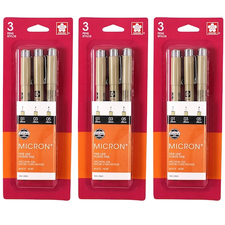 Sakura Pigma Micron Pens, Black, Assorted Sizes, 3PK 30061