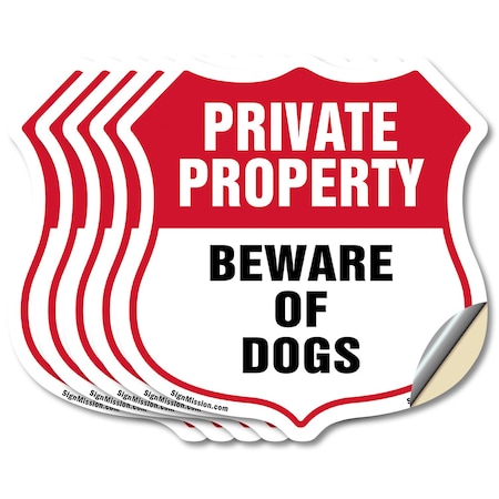 Signmission Private Property Shield Sign Beware Of D, 6 inch X 6 inch, Vinyl Decal, 5PK SHI-D-5PACK-6-440