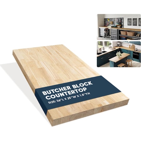 Allforwood Rubberwood Hevea Butcher Block Countertop 3ft x 25 in, 1.5 in Thick Unfinished Solid Wood 805664