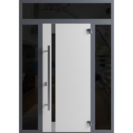 Vdomdoors Front Exterior Prehung Steel Door Ronex1011 Grey 2 Sidelight and Transom Window Sidelite Stainless RONEX1011EXD-GRE-W14+36+14 X H80+16-LH-I