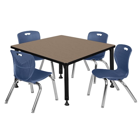 Regency Square Kee Adjustable Classroom Table W/ 4 Andy Stack Chairs, 36 in W, 30 in L, Noble Oak TB3636NOAPBK45NV