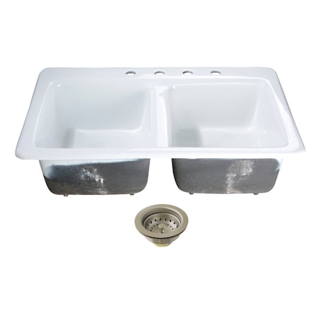 Kingston Brass 33-Inch Cast Iron Self-Rimming Double Bowl Drop-In Kitchen Sink, 4-Hole with Basket Strainers x 2 KGT33229D48