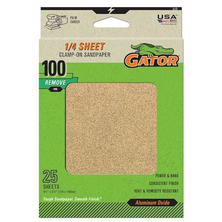 Gator Finishing 1/4 Sheet Clamp-On Sandpaper, 100 Grit, 25PK 5132