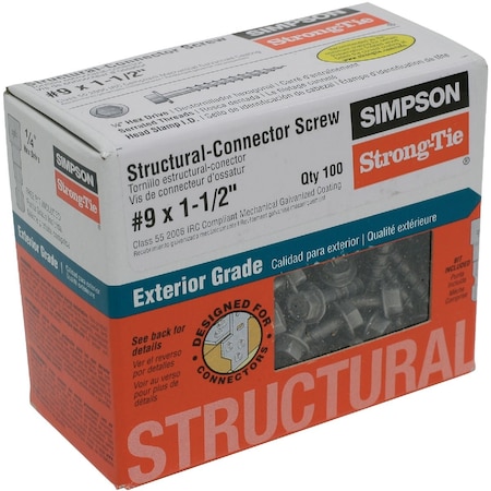 Simpson Strong-Tie Strong-Drive SD CONNECTOR Screw  No.9x1-1/2'' 1/4-Hex Drive Mech. Galv., 100-Qty SD9112R100