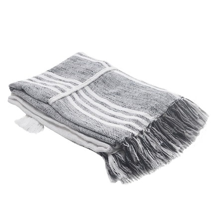 Homeroots 50" X 60" Gray and White Kantha Cotton Striped Throw Blanket with Embroidery 516624