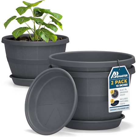 Lifemaster 10-Inch Whiskey Barrel Planters, Durable Plastic Pots with Drainage and Saucer, 2PK LMPBP2GRY2