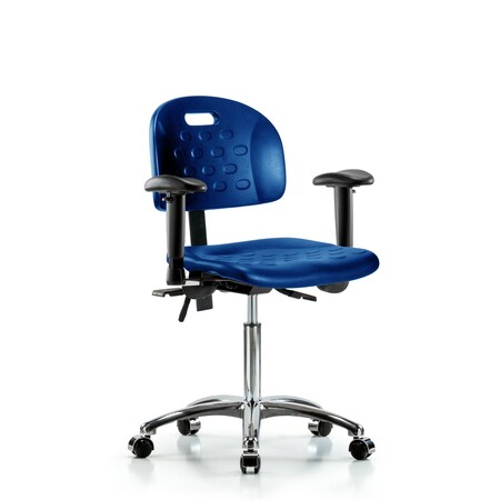 Blue Ridge Ergonomics Poly Chair Chrome, Med Bench, Arms, Casters, Blue BR-HPMBCH-CR-T0-A1-NF-CC-BLU