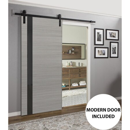 Sartodoors Sturdy Barn Door, Planum 0040 Grey Oak with Black Glass, 6.6FT Rail Hangers Heavy Hardware Set, Sol PLANUM0040BD-B-SS-18