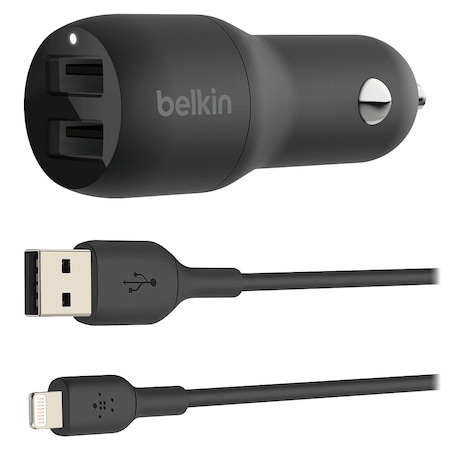 Belkin Boost Up Charge Dual Port Usb A Car Charger 24w With Apple Lightning Cable 3ft, Black CCD001BT1MBK