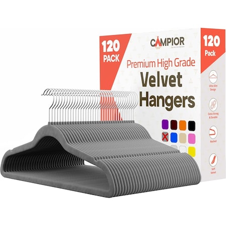 Campior Premium Velvet Non-Slip Hangers, Heavy Duty, 360 Deg Swivel Hook, Grey Velvet Finish., 120PK CMPVVH120GY