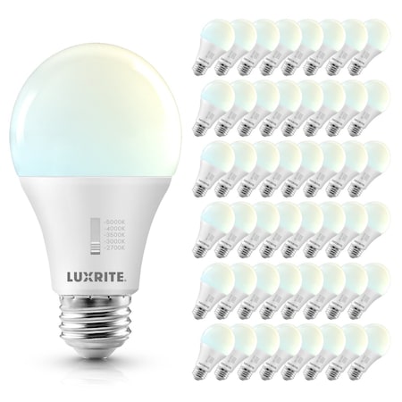 Luxrite A19 LED Light Bulb 100 Watt Equivalent, CRI90, 5CCT Selectable 2700K 3000K 3500K 4000K, 48PK LR21480