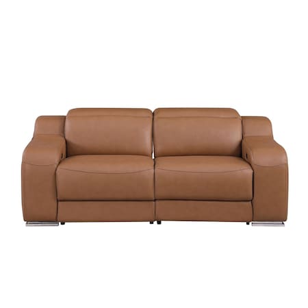 Homeroots 76in Cognac and Silver Italian Leather Power Reclining Loveseat With Storage 633752