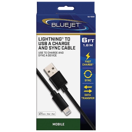 Blue Jet 6 Ft. Black Lightning to Type-A USB Charging & Sync Cable BJ-1002