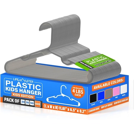 Lifemaster Plastic Kids Clothes Hanger, Children Clothes Hanger with Shoulder Notch, 11.6 Inch Space-Saving LMPKH100GY