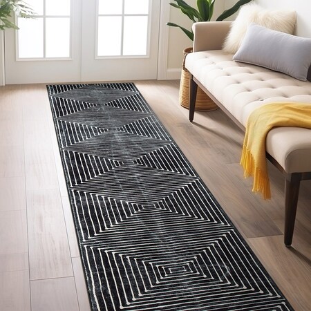 World Rug Gallery Bohemian Stripes Washable Non Slip Runner Rug 2 ft x 6 ft Black WR73BLACK2X6