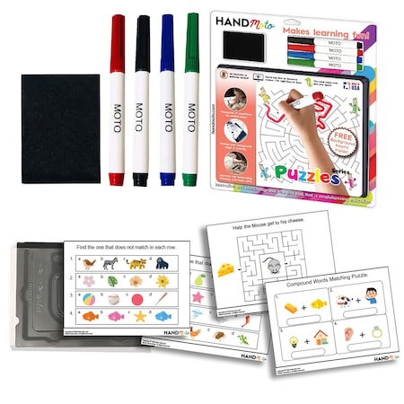Handmoto Dry-Erase Learning Board, 4 Markers, 10 Activity Sheets - Puzzles Series PZ-MO-1