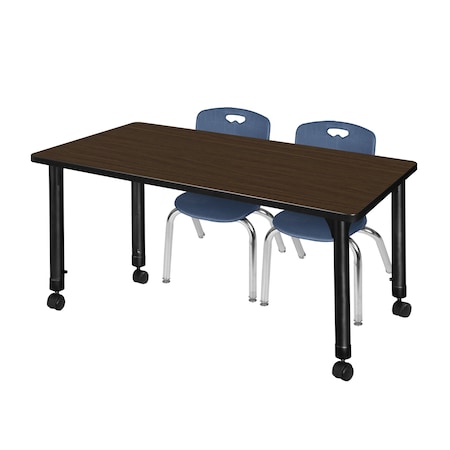 Regency Kee Mobile Adjustable Classroom Table W/ 2 Andy Stack Chairs, 60 in W, 24 in L, Neo Walnut MT6024NWAPCBK45NV