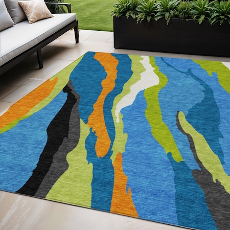 Homeroots 5' X 8' Denim Blue Copper And Green Abstract Washable Indoor Outdoor Area Rug 600961
