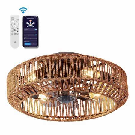 Jonathan Y Rowan 19.5" 4-Light Modern Bohemian 6-Speed Metal/Rattan Mobile-App/Remote-Controlled Lantern LED Ce JYL9730A