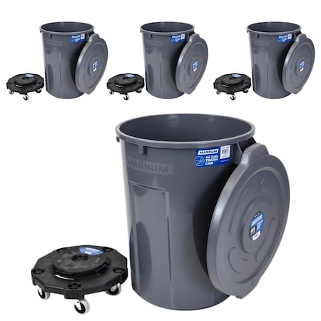 Magnum Tool Gray 44 Gallon Trash Can Set, Trash Can, Quiet Dolly, and Reinforced Lid, 4 Set CMTC-CLD0-44G04