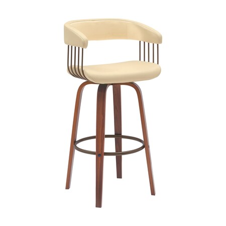 Armen Living Topanga 30.5in Swivel Walnut Wood Bar Stool in Cream Faux Leather with Golden Bronze Metal LCTOBAWACR30
