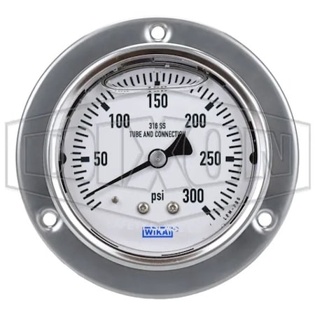Dixon Panel Builder Gauge, 0 to 300 psi, 1/4 in Connection, 2-1/2 in Dial, +/- 2-1-2 %, Glycerin Liquid Fi PBLSS300